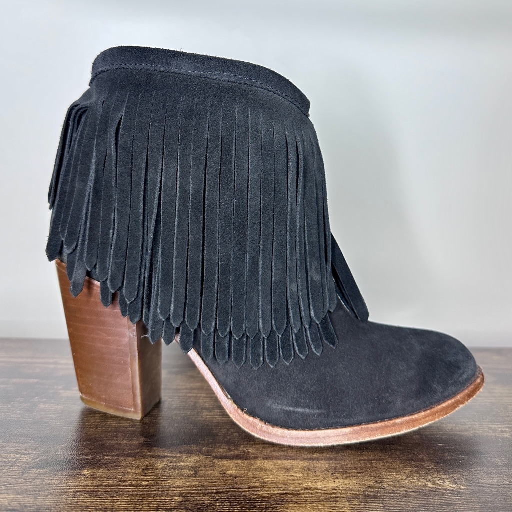 Frye Black Heeled Fringe Boots